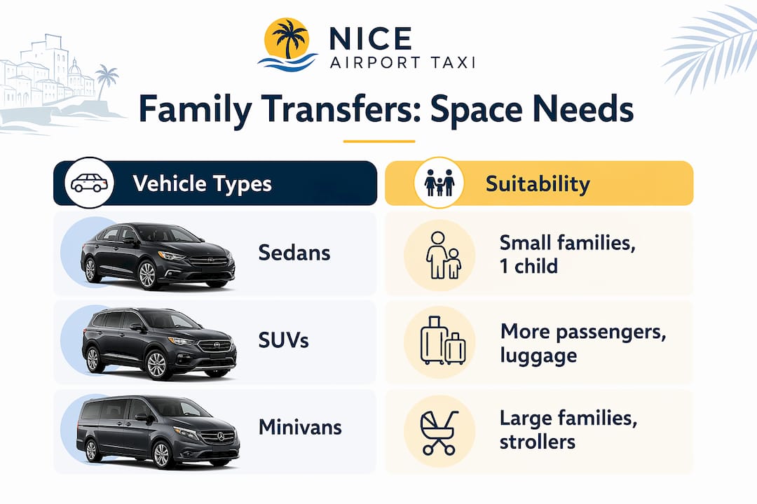 Infographic comparing vehicle types and suitability for family transfers