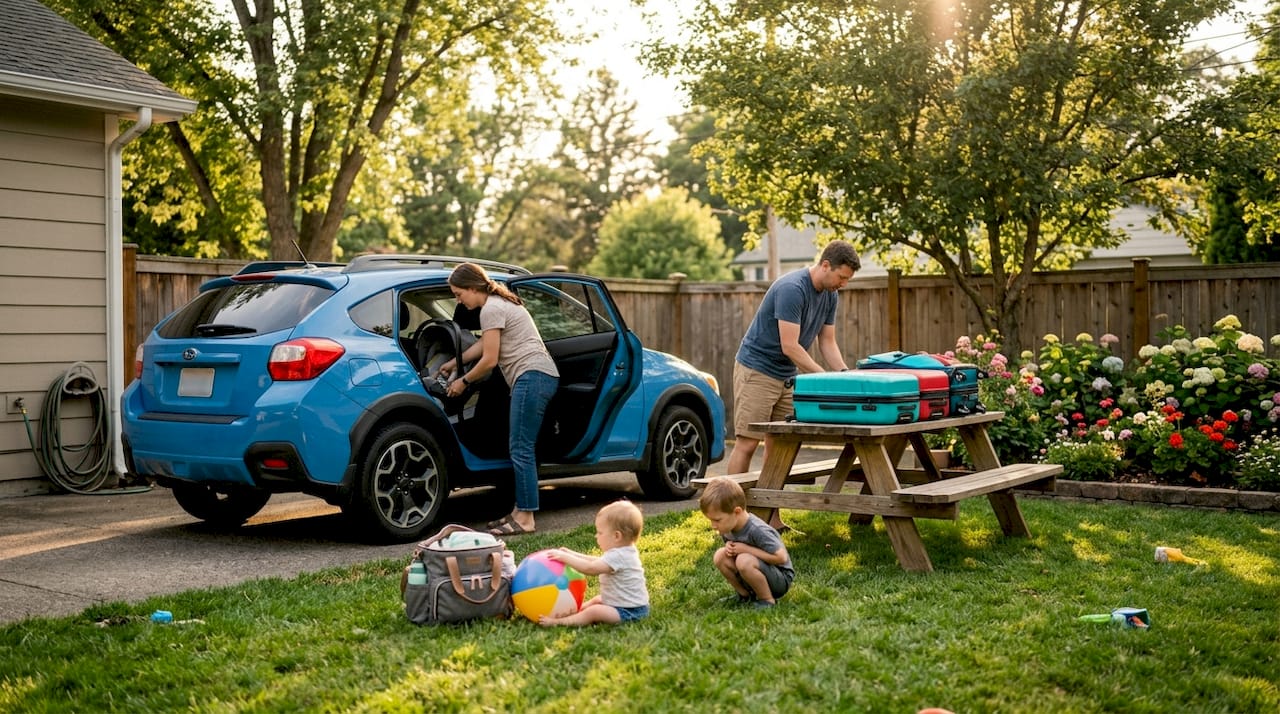 Family arranging child seats and luggage for airport transfer