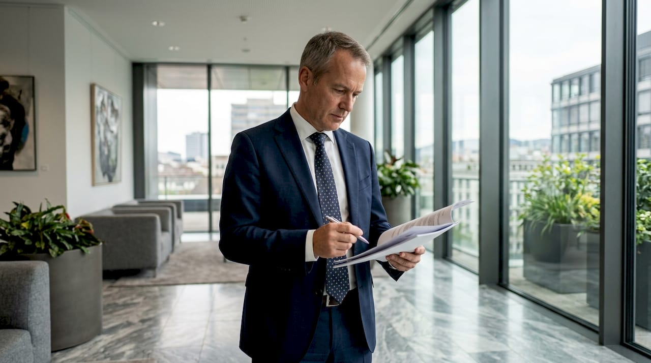 Man reviewing corporate banking documents in office