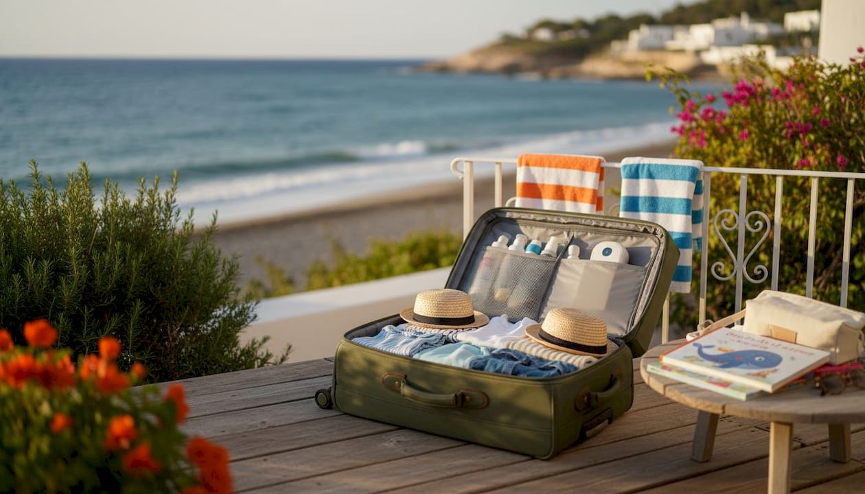 Packed suitcase with children’s travel essentials and checklist
