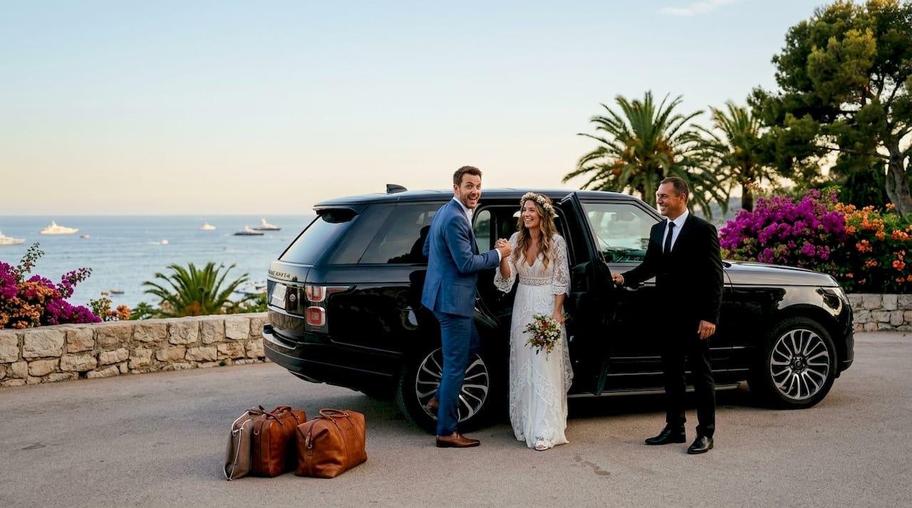 Newlywed couple entering luxury private transfer vehicle