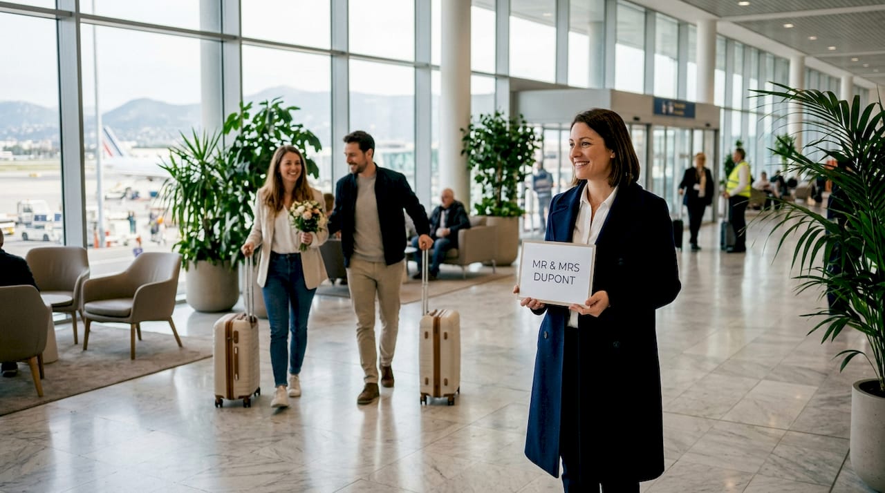 Chauffeur greeting honeymoon couple at airport arrivals