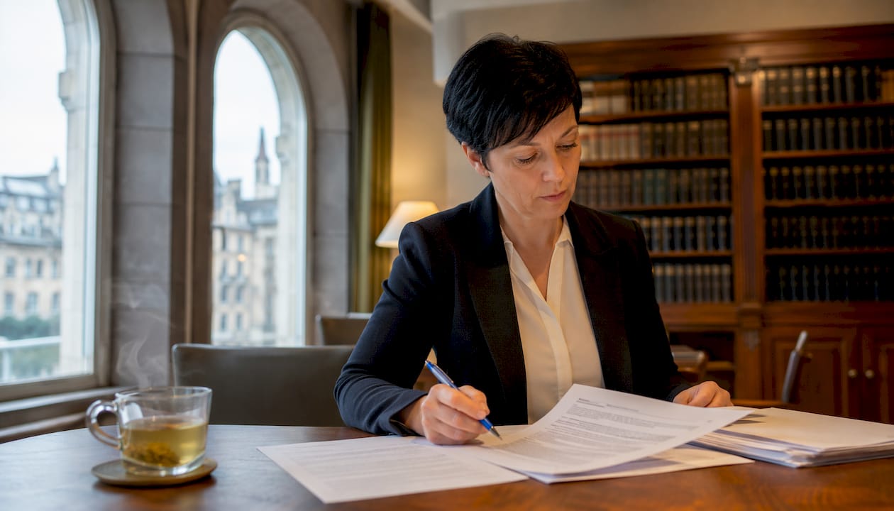 Woman reviewing Swiss GmbH share capital documents