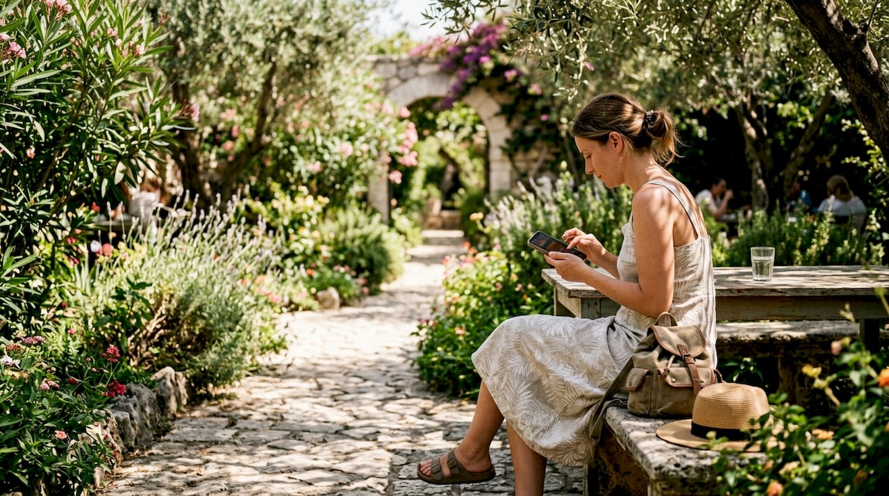 Traveler booking private transfer on smartphone outdoors