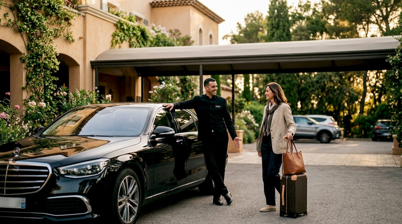 Chauffeur opening luxury car door at Nice Airport