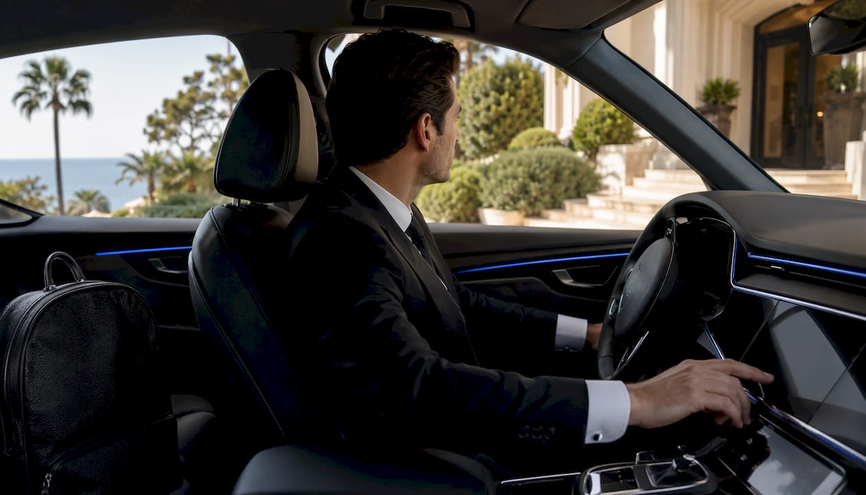 Chauffeur adjusting climate controls inside luxury vehicle