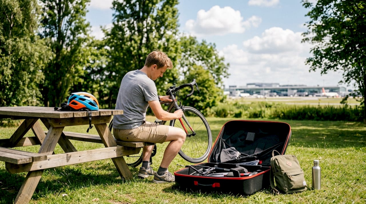 Cyclist assembling road bike outside Nice Airport