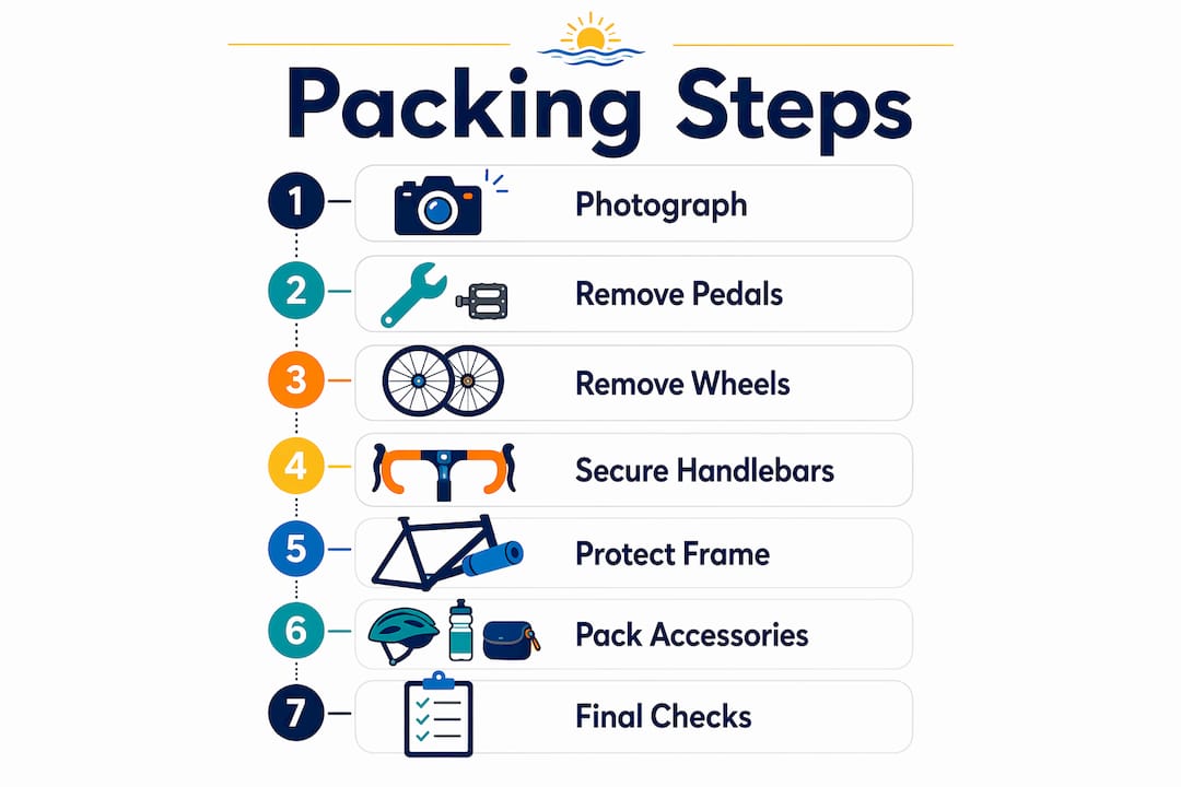 Infographic illustrating step-by-step bike packing process