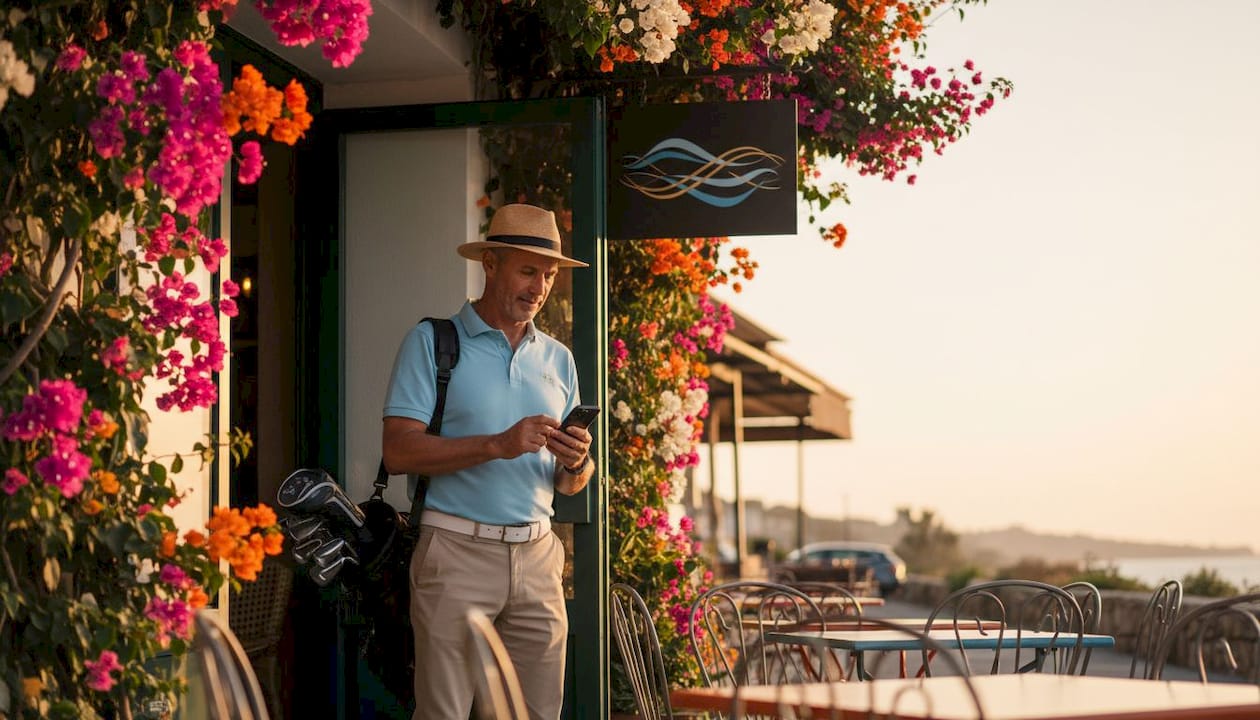 Golfer with travel bag outside Nice Airport arrivals