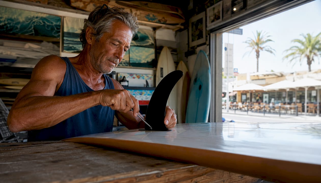 Local surf shop technician fixing surfboard fin