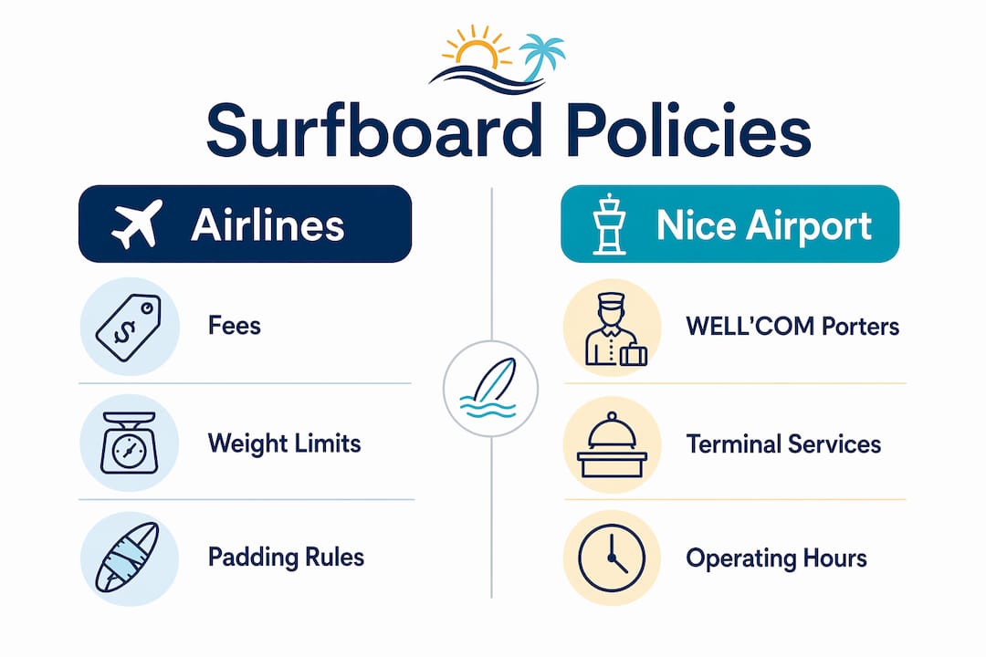 Infographic comparing airline and Nice Airport surfboard policies