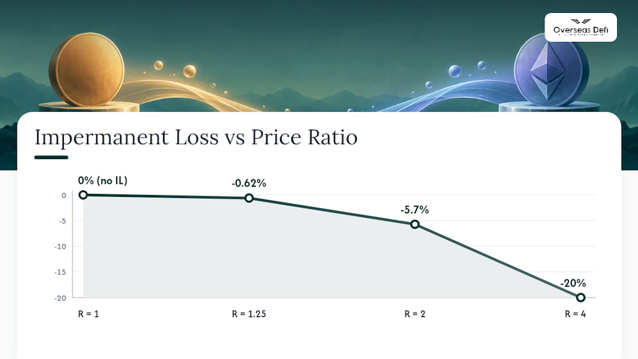 Illustration of impermanent loss across hypothetical price ratios