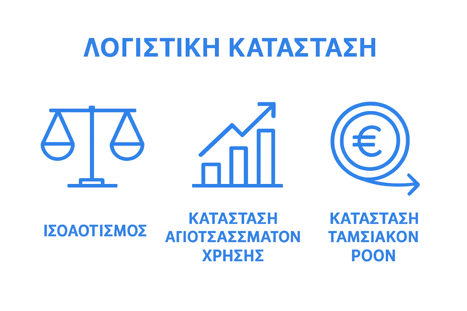Τρεις βασικές λογιστικές κατηγορίες με εικονίδια: Ισολογισμός, Αποτελέσματα, Ταμειακές Ροές