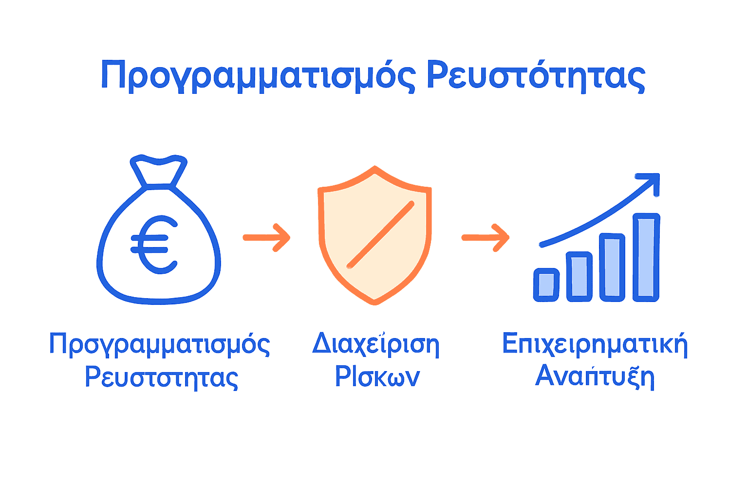 Infographic με ροή οικονομικού προγραμματισμού: ταμειακή ροή, διαχείριση ρίσκου, ανάπτυξη.