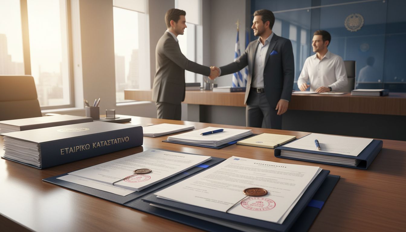 Official Greek paperwork submission scene