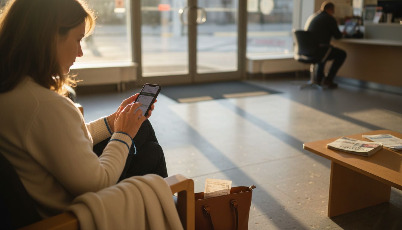 Woman deciding payment method on phone at bank
