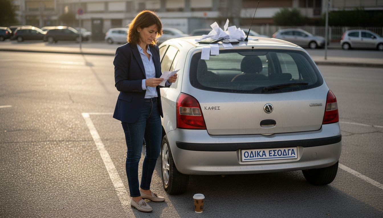 Μια γυναίκα κάθεται έξω και ελέγχει αποδείξεις για τα έξοδα του αυτοκινήτου της.