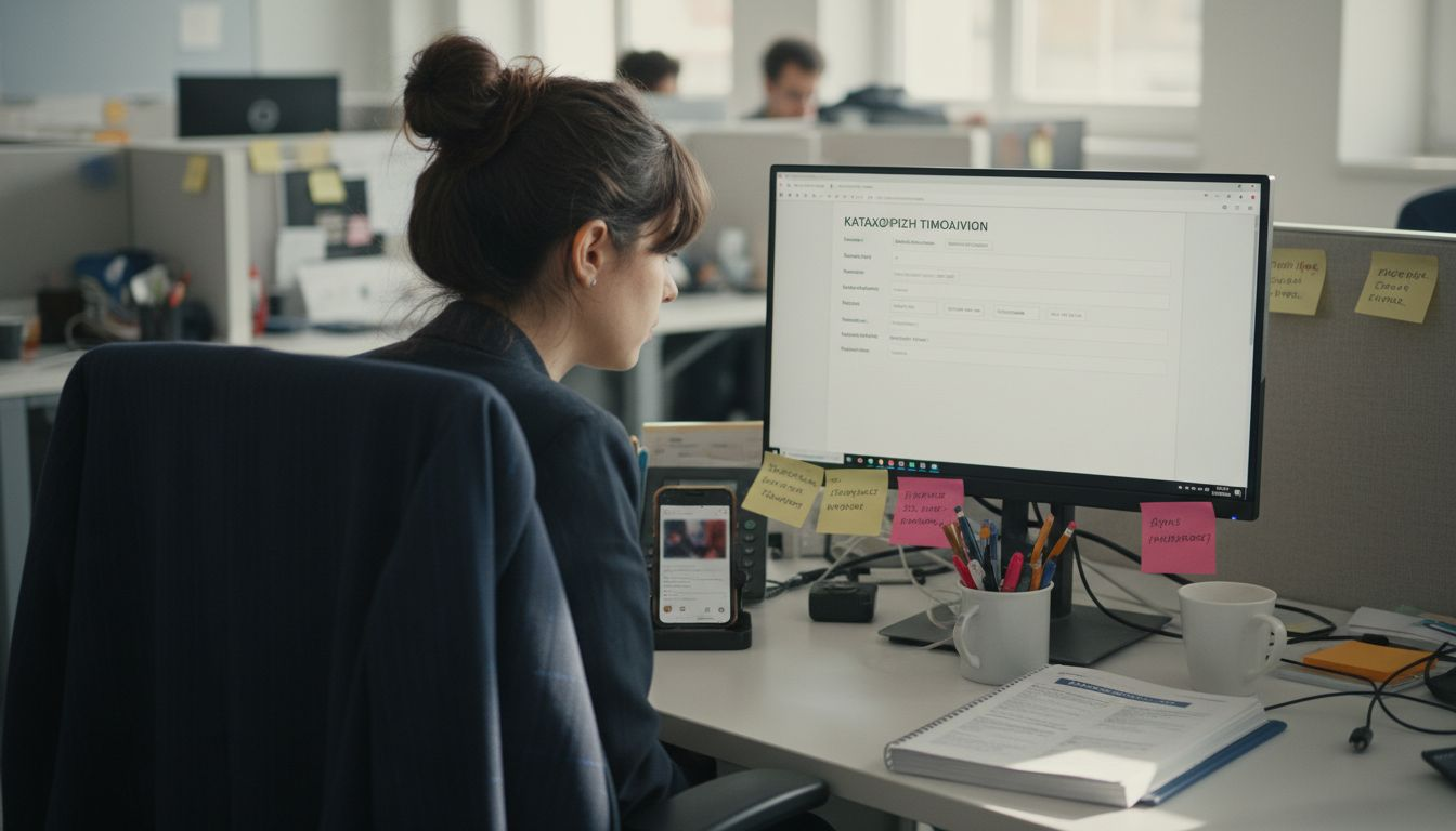 Ο λογιστής καταχωρεί τα τιμολόγια στο ηλεκτρονικό σύστημα.