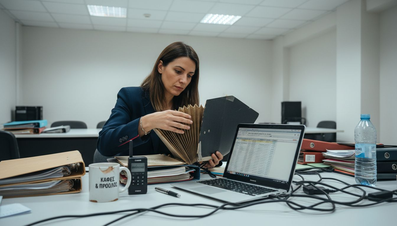 Γυναίκα επιχειρηματίας εξετάζει φορολογικά έγγραφα κατά τη διάρκεια επαγγελματικής συνάντησης.