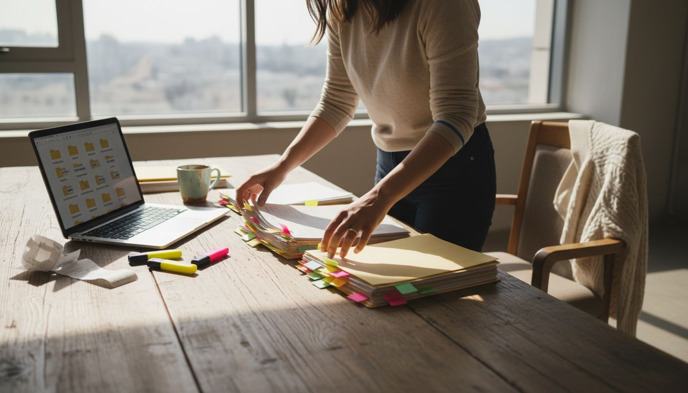 Λογιστής κάθεται στο γραφείο του και τακτοποιεί τους οικονομικούς φακέλους, βάζοντας σε τάξη τα χαρτιά της ημέρας.