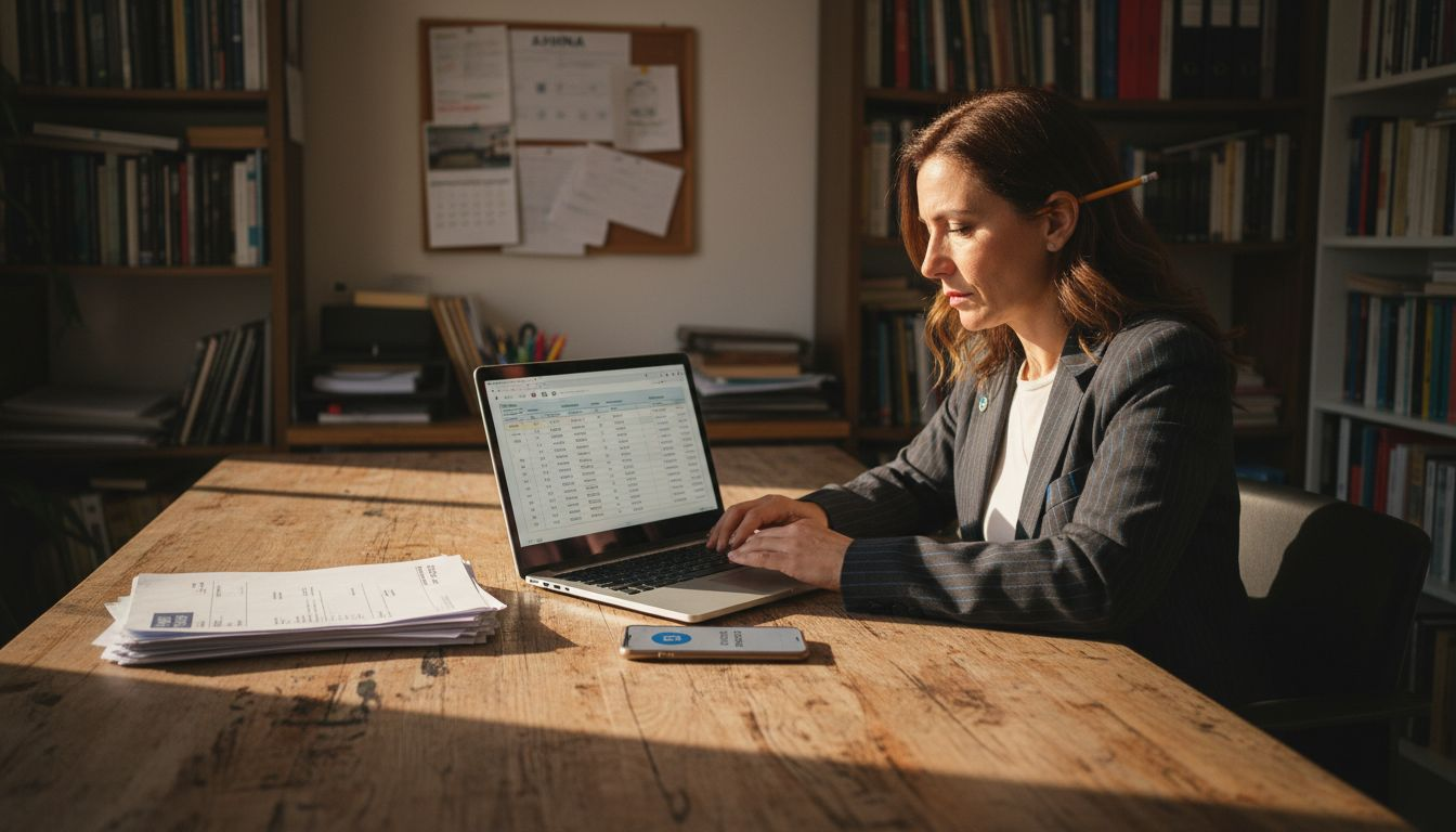 Μια επιχειρηματίας εξετάζει τα οικονομικά της στοιχεία στον υπολογιστή της.