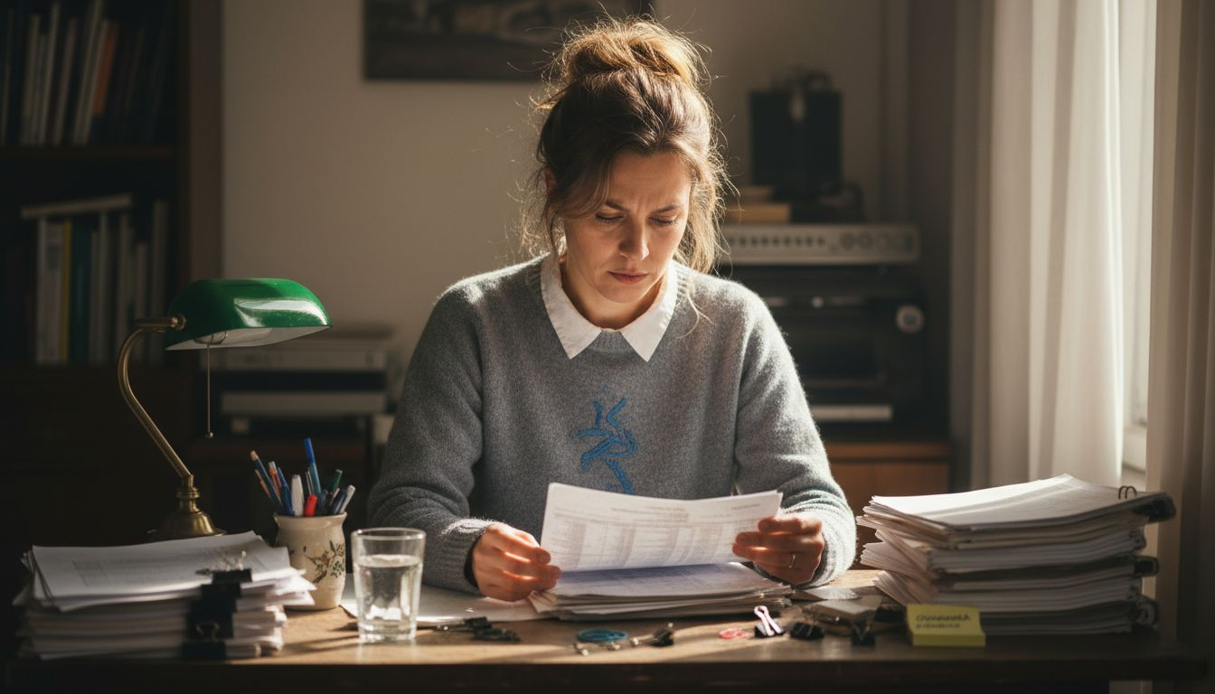 Μια γυναίκα κάθεται στο τραπέζι και ξεφυλλίζει οικονομικές αναφορές, βάζοντάς τες σε σειρά για να τις οργανώσει καλύτερα.