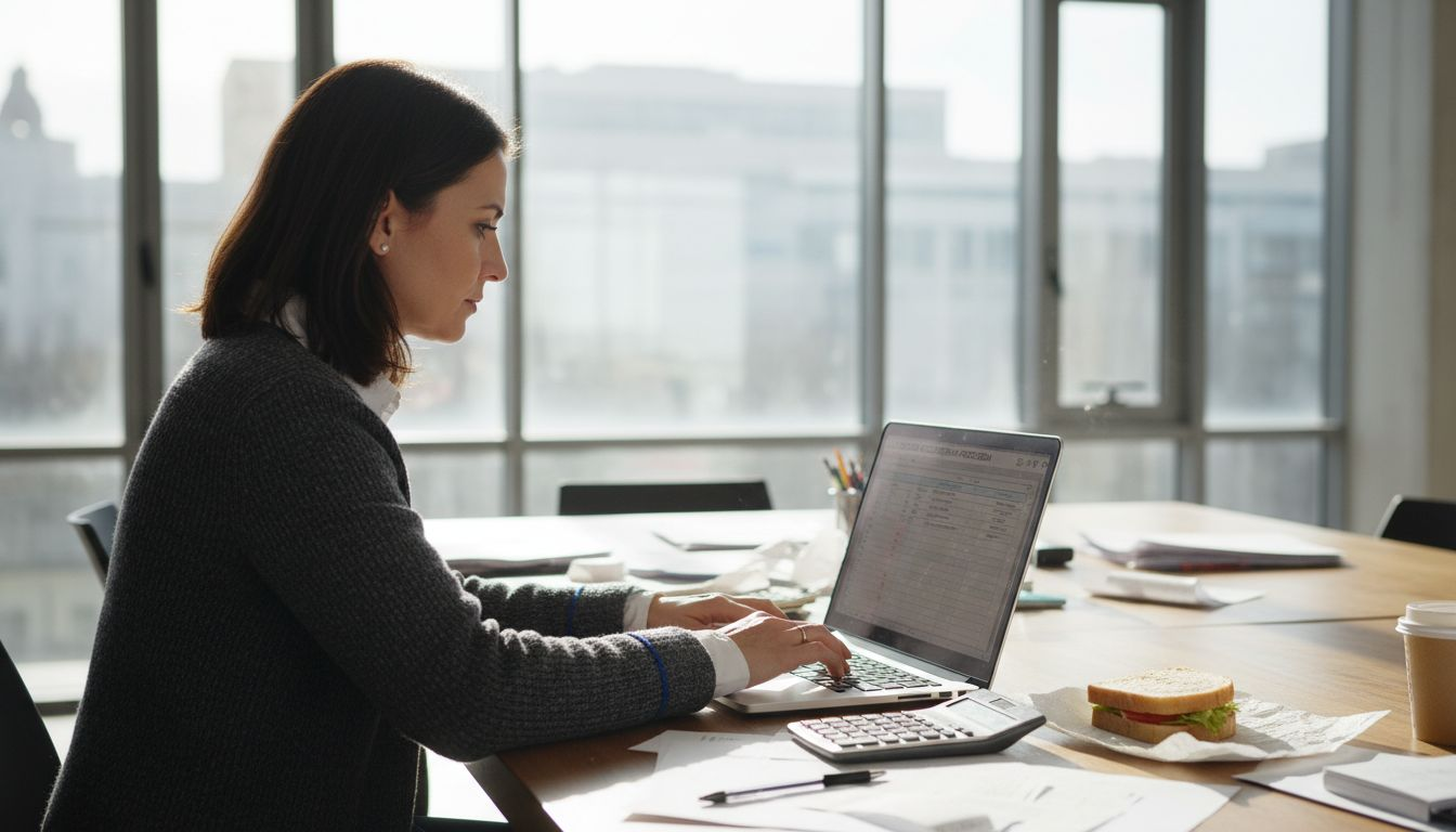 Μια γυναίκα καταχωρεί τις αποδείξεις της στον υπολογιστή, χρησιμοποιώντας ειδικό πρόγραμμα για την οργάνωση των οικονομικών της.