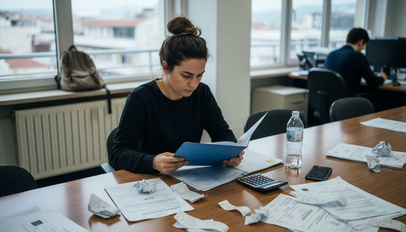 Μια γυναίκα κάθεται σε ένα φορτωμένο γραφείο και ελέγχει προσεκτικά τις αποδείξεις της εφορίας.