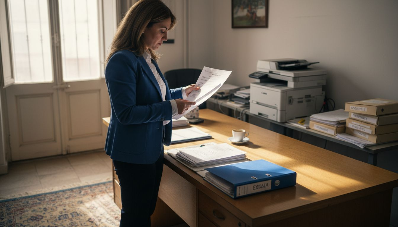 Η λογίστρια πραγματοποιεί έλεγχο στις οικονομικές καταστάσεις των ΜΜΕ στο γραφείο.
