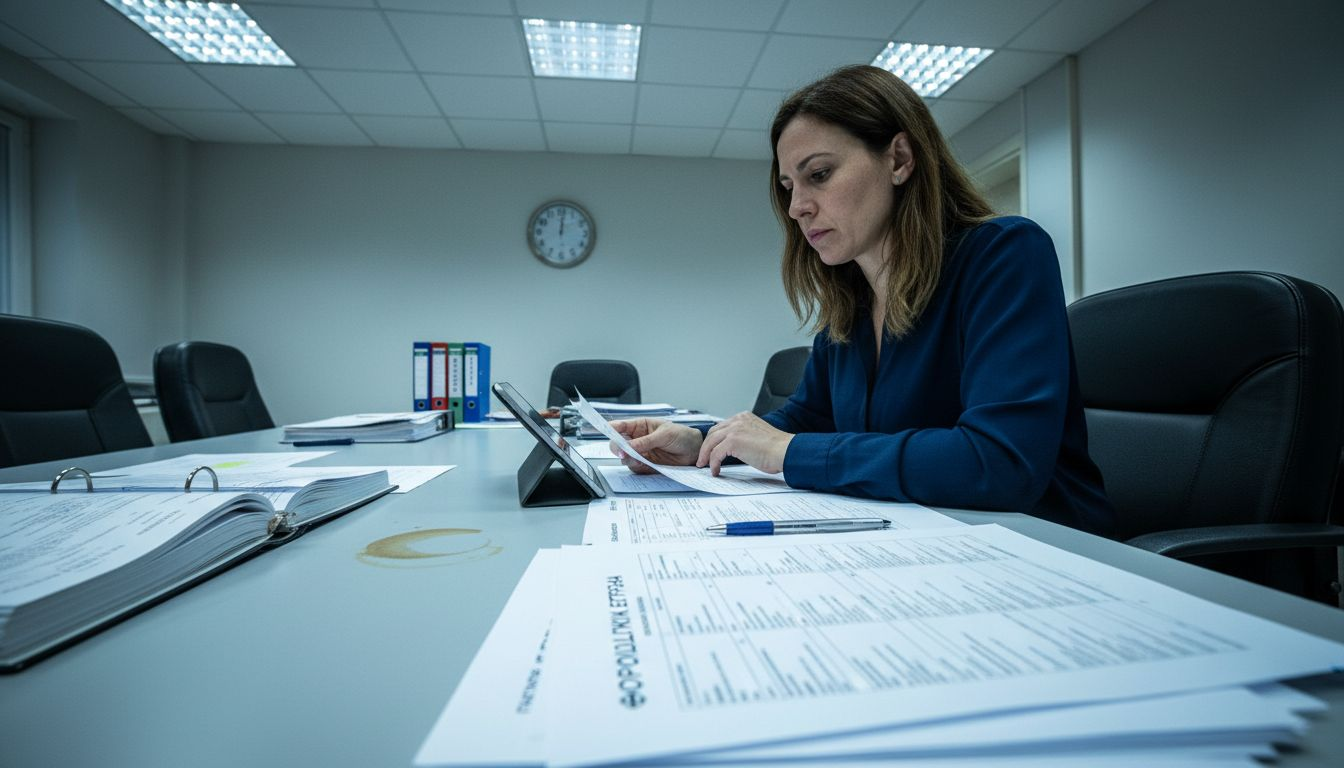 Επαγγελματίας γυναίκα μελετά προσεκτικά φορολογικά έγγραφα για να είναι πλήρως ενημερωμένη με τις τελευταίες εξελίξεις στη νομοθεσία.