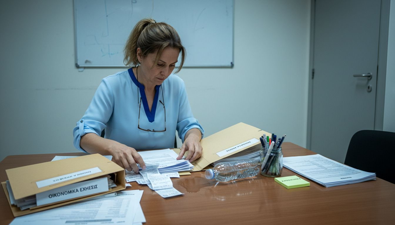 Ιδιοκτήτης επιχείρησης τακτοποιεί τα έγγραφα του ελέγχου σε αίθουσα συσκέψεων, προετοιμάζοντας όλα τα απαραίτητα για τη διαδικασία.