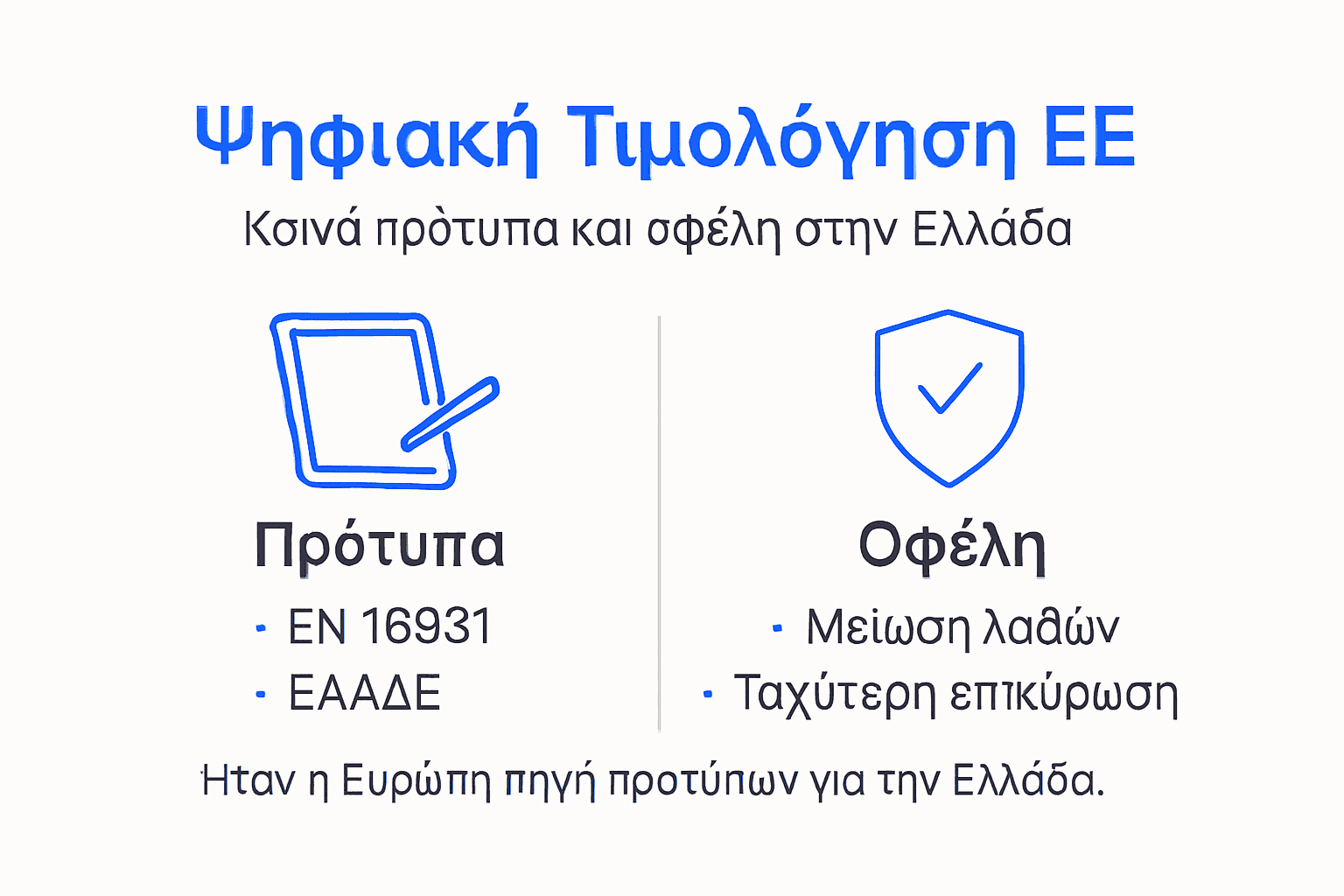 Διαδραστικό infographic: Τα ευρωπαϊκά πρότυπα για την ηλεκτρονική τιμολόγηση και τα οφέλη τους. Ανακαλύψτε πώς η ψηφιακή τιμολόγηση διευκολύνει τις επιχειρήσεις, εξασφαλίζει διαφάνεια και μειώνει τα λειτουργικά κόστη, σύμφωνα με τις απαιτήσεις της ΕΕ.