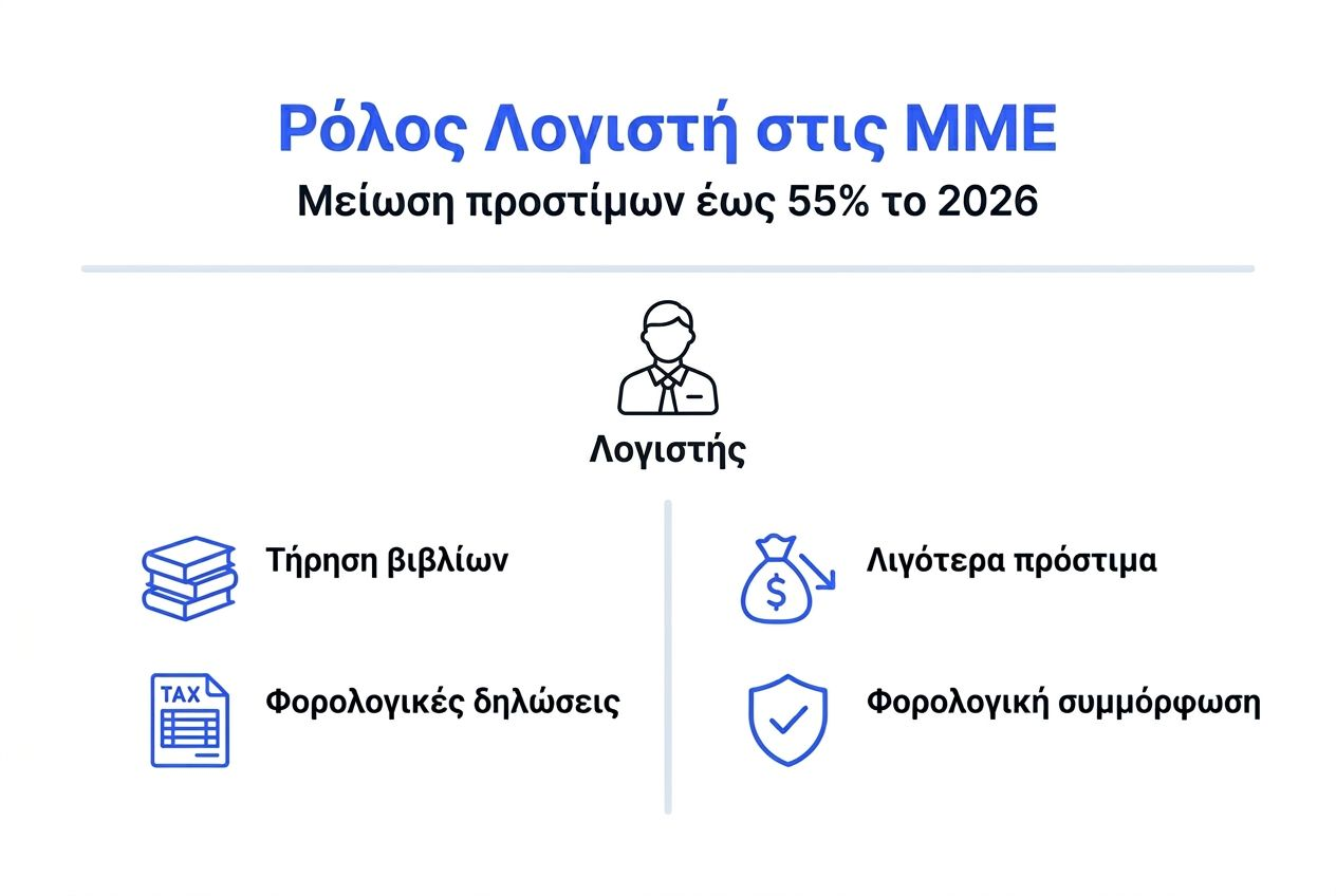 Γραφιστική απεικόνιση που αναδεικνύει πώς ο ρόλος του λογιστή συμβάλλει στη μείωση των προστίμων για τις μικρομεσαίες επιχειρήσεις