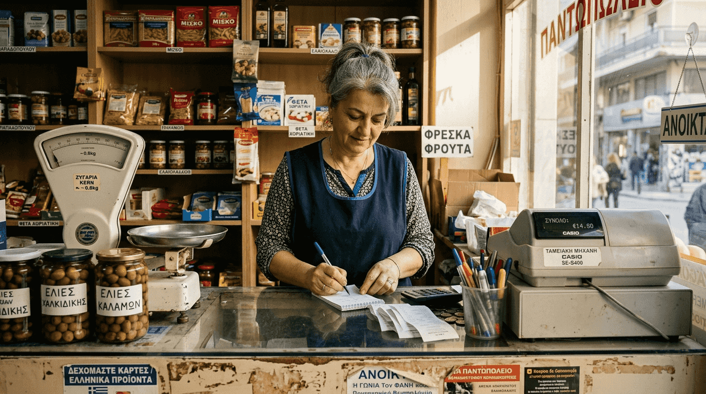 Ο μπακάλης κάθεται πίσω από τον πάγκο και μαζεύει τις αποδείξεις για να τις προσθέσει, ελέγχοντας προσεκτικά κάθε χαρτί.