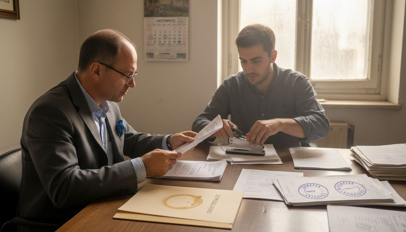 Συμβολαιογράφος εξετάζει προσεκτικά τη σύμβαση μαζί με τον επιχειρηματία, διασφαλίζοντας ότι όλα είναι ξεκάθαρα και νόμιμα πριν την οριστική υπογραφή.