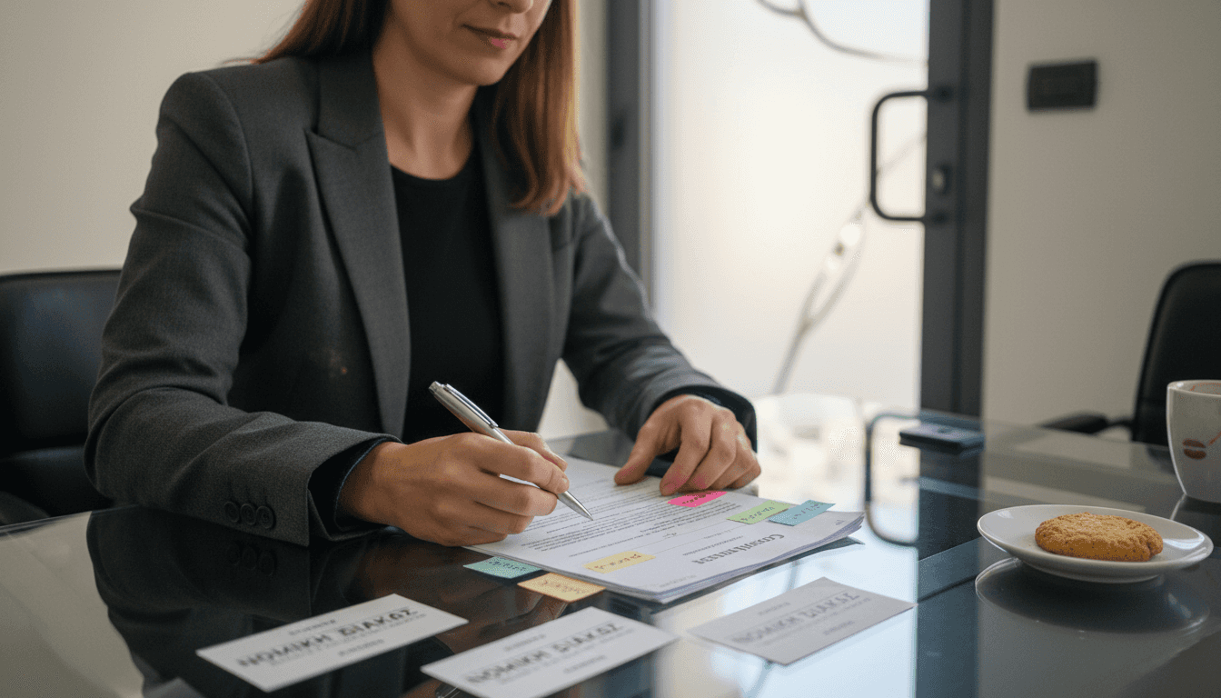 Η υπεύθυνη ανθρώπινου δυναμικού εξετάζει προσεκτικά τη σύμβαση πριν τη δώσει για υπογραφή.