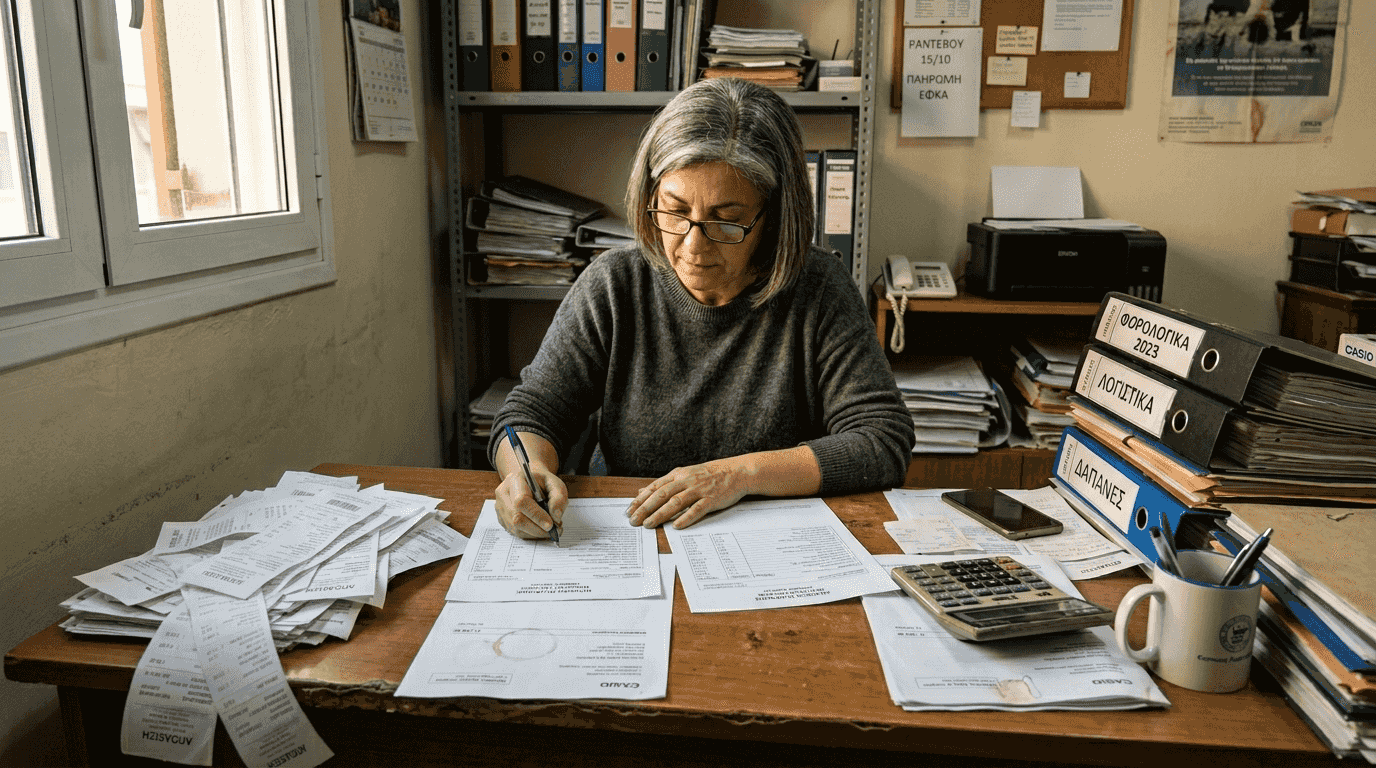 Επιχειρηματίας κάθεται στο γραφείο του και εξετάζει προσεκτικά τα οικονομικά του στοιχεία.