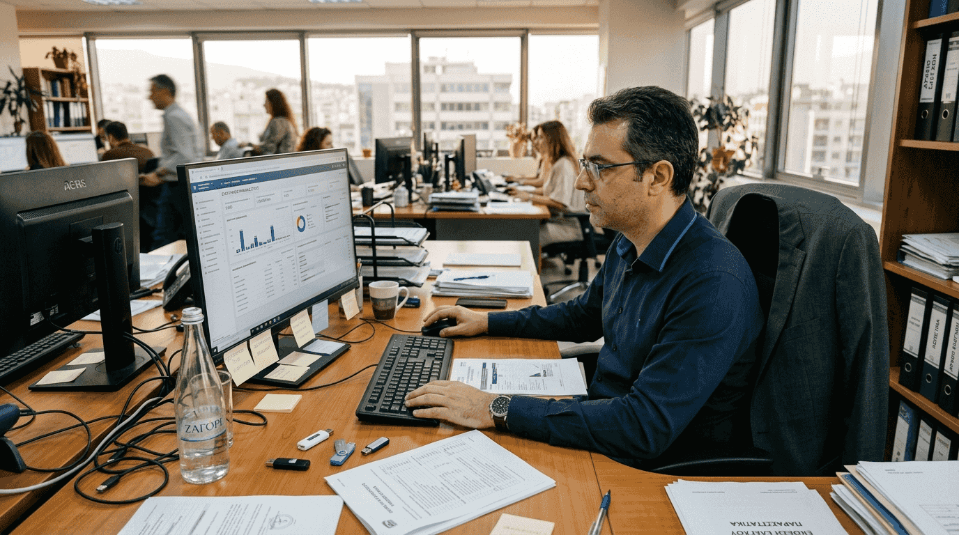 Ένας ελεγκτής αξιοποιεί τη σύγχρονη τεχνολογία μέσα σε ένα γεμάτο και πολυάσχολο γραφείο, προσπαθώντας να φέρει εις πέρας τις εργασίες του με αποτελεσματικότητα.