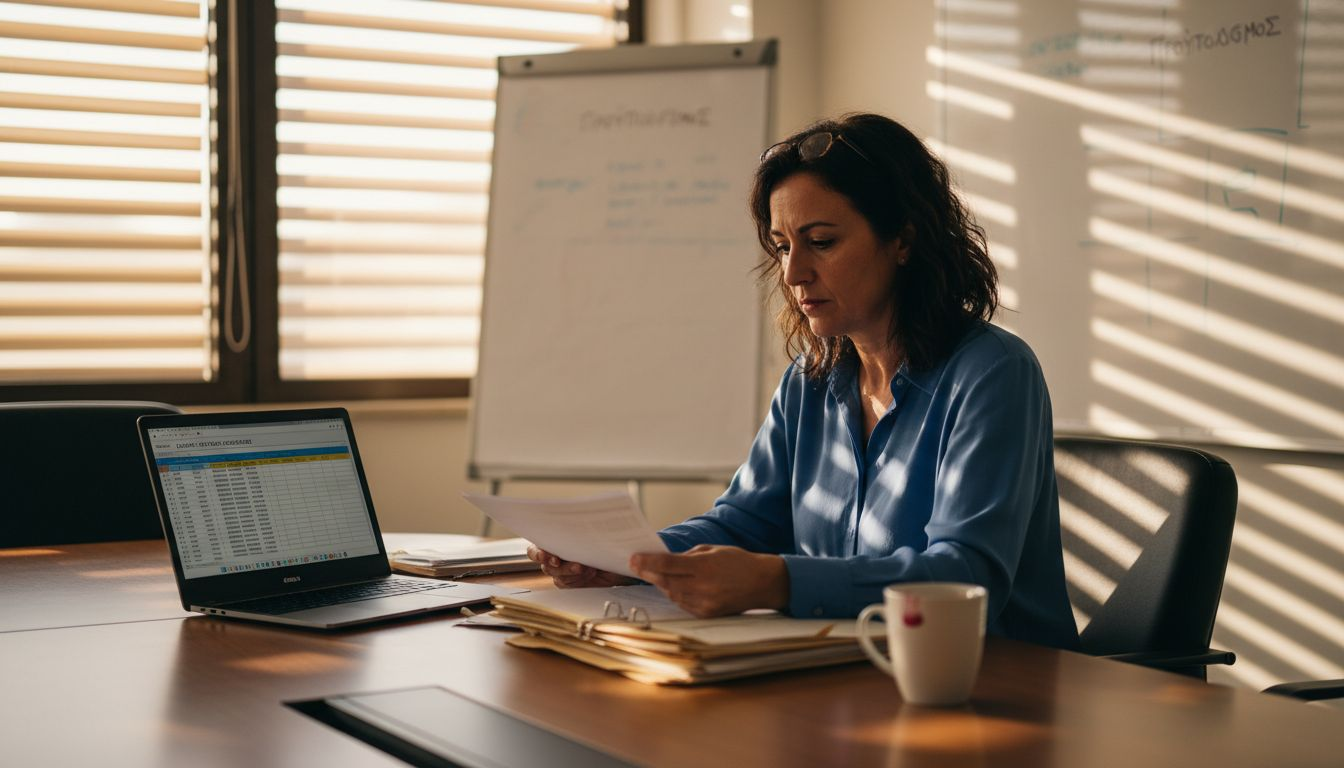 Σύμβουλος εξετάζει αναλυτικά τις οικονομικές αναφορές ενός έργου στο γραφείο του.