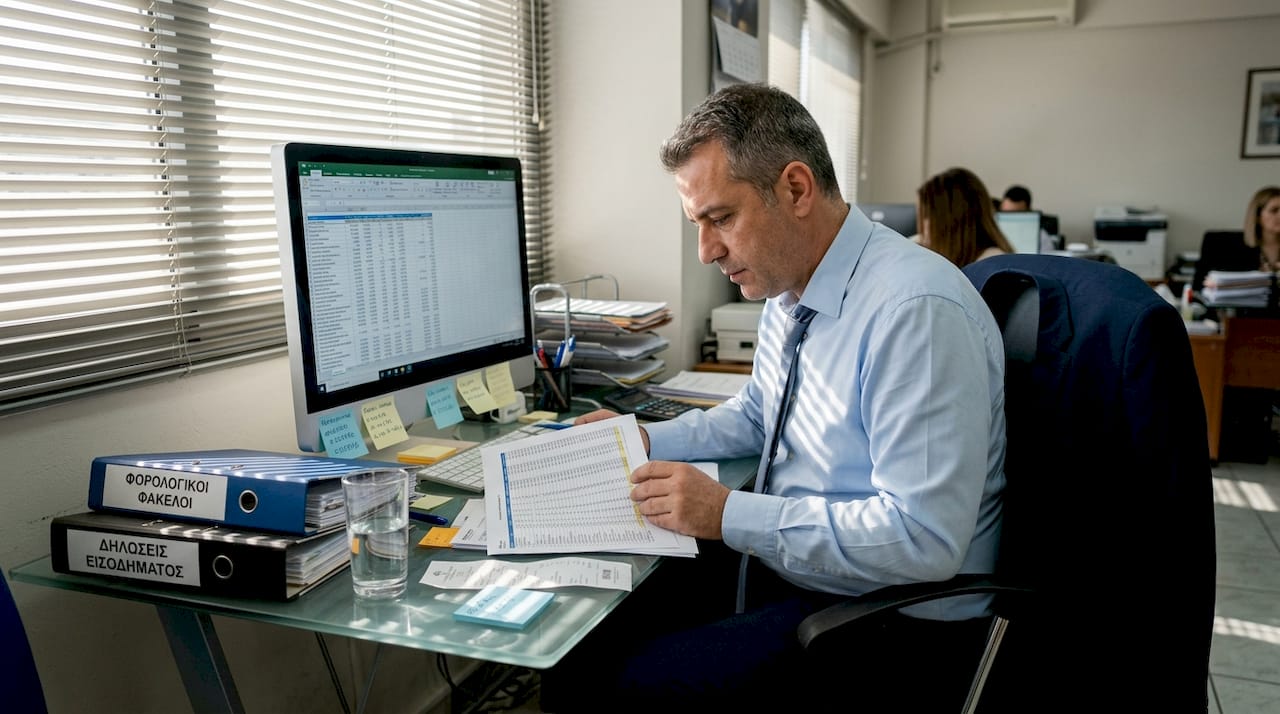 Λογιστής κάθεται στο γραφείο του και ελέγχει φορολογικά έγγραφα με προσοχή.