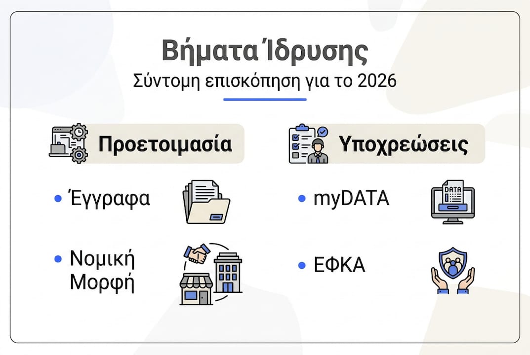 Γραφικό με τα βασικά βήματα για τη σύσταση επιχείρησης και τις υποχρεώσεις που πρέπει να γνωρίζετε