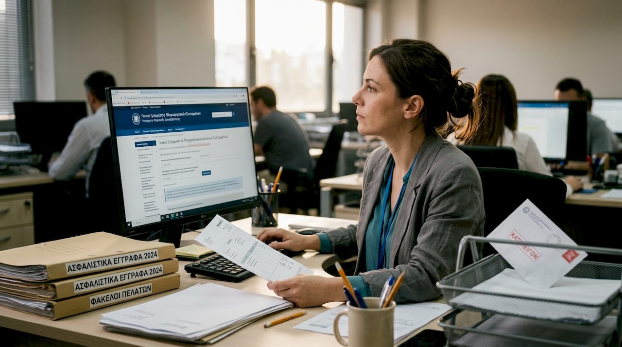 Υπάλληλος γραφείου εξετάζει προσεκτικά ένα τιμολόγιο ανάμεσα σε στοίβες εγγράφων στο πολυάσχολο γραφείο του.