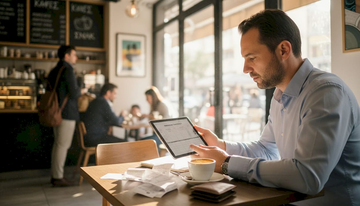 Ένας άνδρας κάθεται σε καφέ, με το tablet του μπροστά του, και τακτοποιεί τις αποδείξεις και τα τιμολόγια της δουλειάς του.