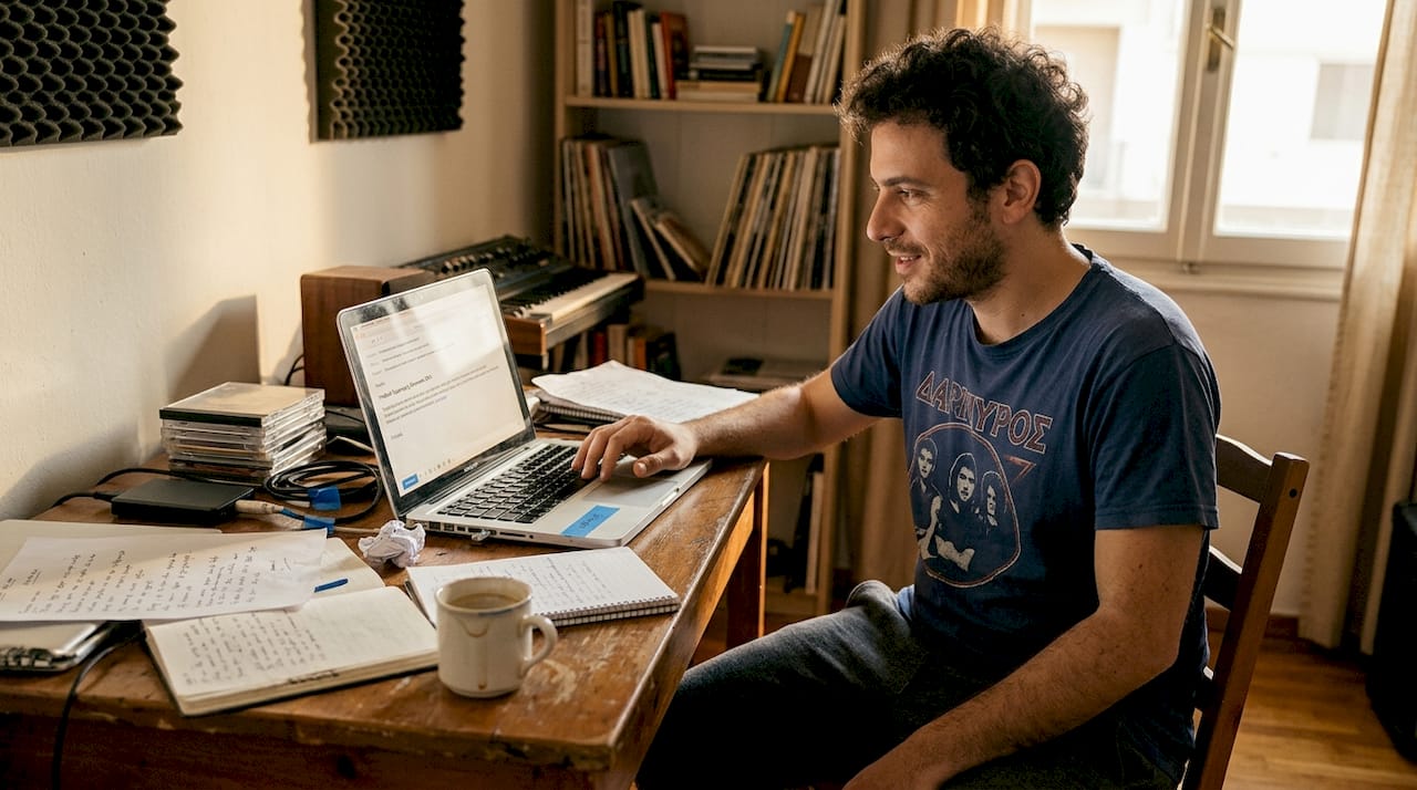 Στιγμές δημιουργίας για τον τραγουδοποιό που κάθεται στο γραφείο του και καταθέτει τη συμμετοχή του για τη Eurovision.