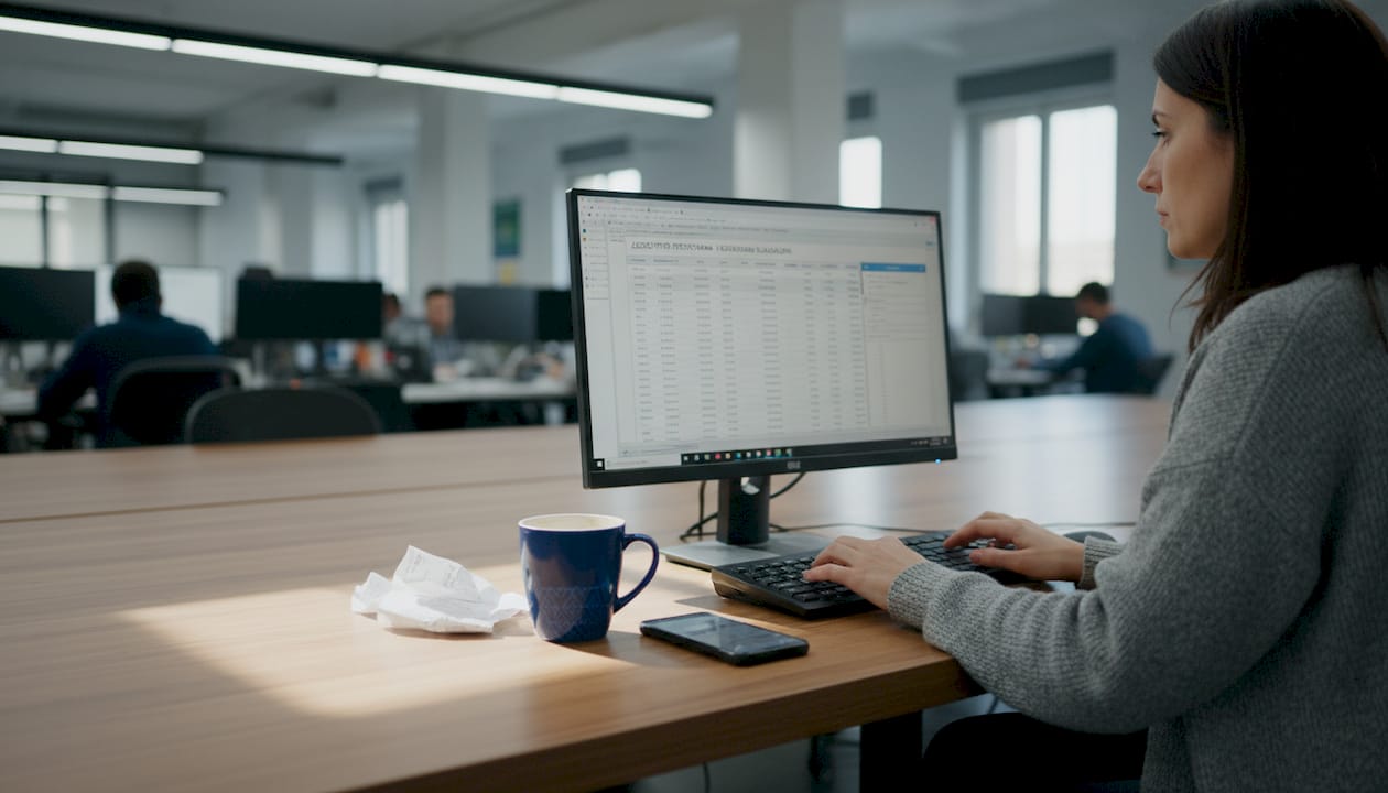 Μια γυναίκα καταχωρεί τα έξοδα της εταιρείας στον υπολογιστή του γραφείου.