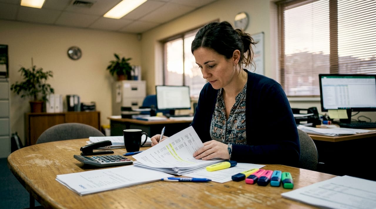 Ο λογιστής ελέγχει εσωτερικά τα φορολογικά στοιχεία της εταιρείας στο γραφείο του, διασφαλίζοντας ότι όλα είναι σε τάξη και σύμφωνες με τη νομοθεσία.