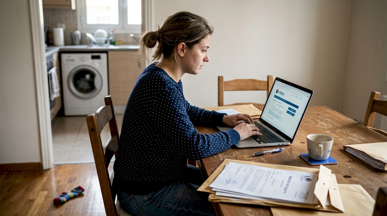 Μια μητέρα συμπληρώνει τα προσωπικά της στοιχεία στην πλατφόρμα του e-ΕΦΚΑ.