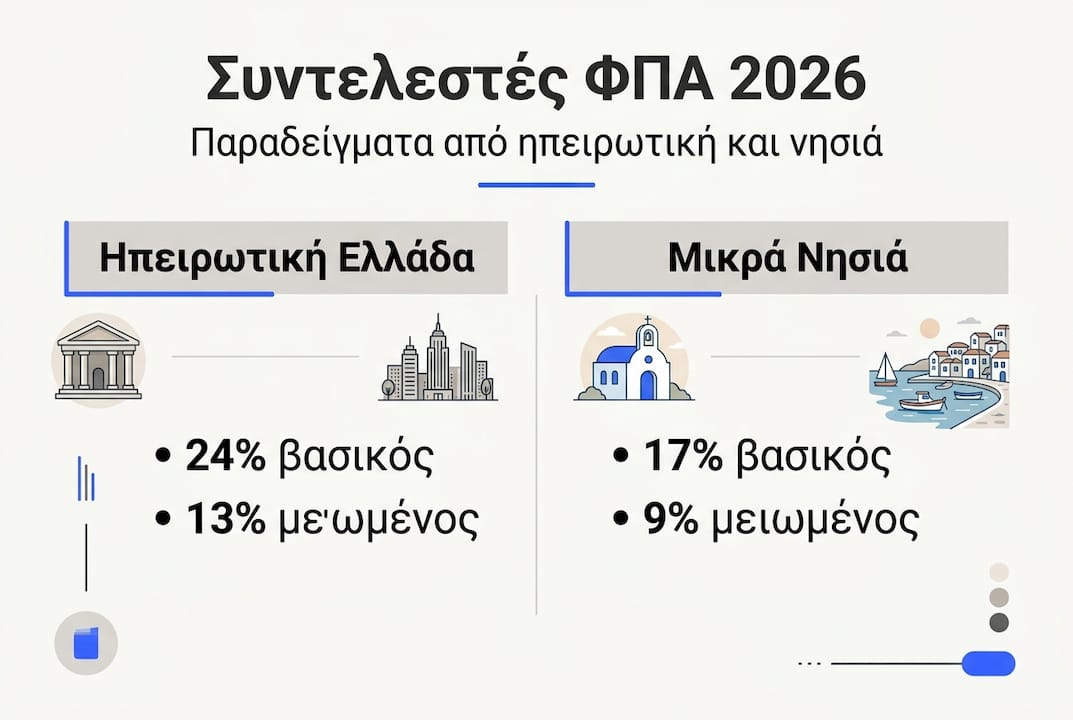 Εικονογραφημένος οδηγός με τους ισχύοντες συντελεστές ΦΠΑ σε όλη την Ελλάδα — ηπειρωτική και νησιωτική.