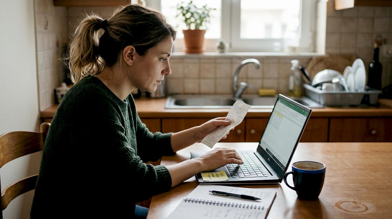 Μια γυναίκα κάθεται στην κουζίνα και φροντίζει τα λογιστικά της, ενημερώνοντας τα οικονομικά της σε υπολογιστικό φύλλο πάνω στο τραπέζι.