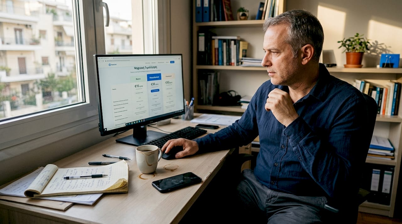 Ένας επιχειρηματίας εξετάζει ποια λογισμικά τιμολόγησης θα τον εξυπηρετήσουν καλύτερα στη δουλειά του.